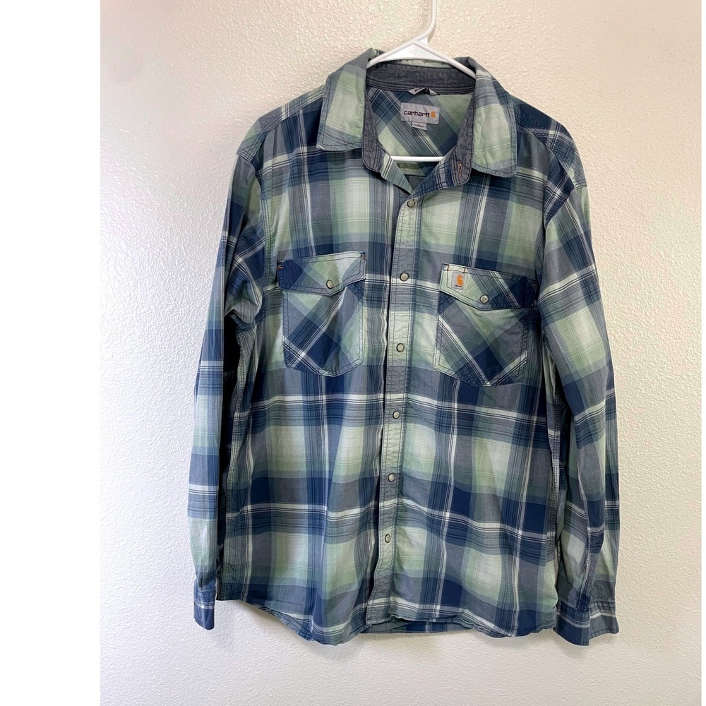 Carhartt Button Down Shirt Mens L Blue Green Excellent Plaid Relaxed 104443 DBL